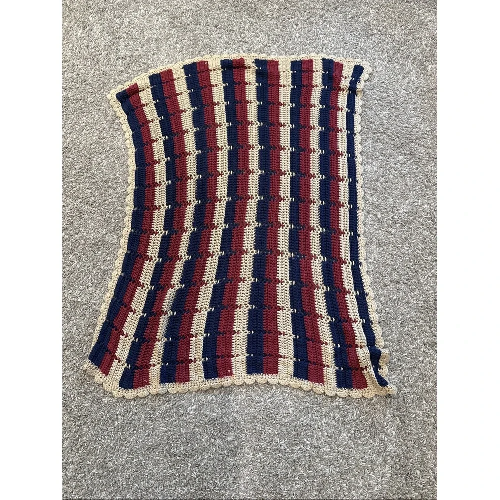 handmade crochet afghan / throw blanket 48x42 Blue Red Cream